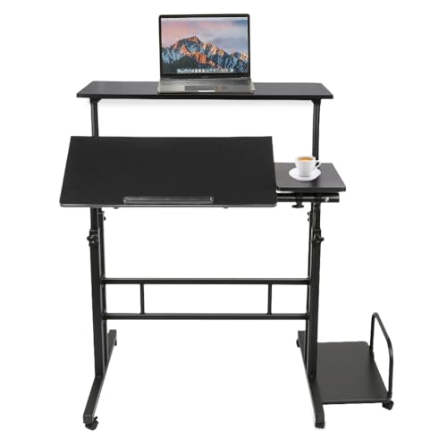 Computertisch, höhenverstellbar, Laptoptisch mit Rollen, PC-Tisch, Stehpult, Laptoptisch, mit Empfangsplatte, XL 102 x 60 x 67 – 115 cm, Schwarz von Willonin