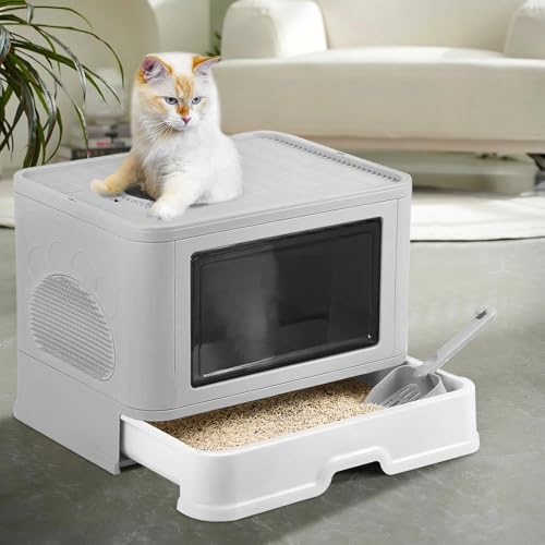Geschlossene Katzentoilette mit abnehmbarem Tablett für eine Reinigung, Katzentoilette mit Schaufel, 48,5 x 36,5 x 38 cm – Grau von Willonin
