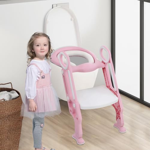 Toilettensitz für Kinder, Toilettensitz für Kinder, Jungen und Mädchen, spritzfreies und rutschfestes Kissen, Treppenhocker, Rosa Weiß von Willonin