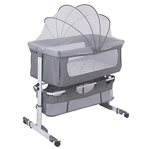 Willonin Beistellwiege mit Matratze und Moskitonetz, Babywiege mit weicher Matratze und Moskitonetz, für Babys von 1 bis 36 Monaten, 92 x 58 x 70-87 cm, Grau von Willonin