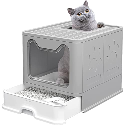 Willonin Box für Katzentoilette, halbgeschlossen, faltbar, große Katzentoilette mit Deckel, Schublade und Schaufel, tragbar (Grau) von Willonin