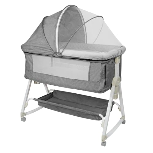 Willonin Codododo-Kinderbett mit Matratze und Moskitonetz, Bett für Babys von 0 bis 36 Monaten, faltbar, 2-in-1, Mobile Babywiege, 95 x 50 x 98 – 110 cm, leinengrau von Willonin