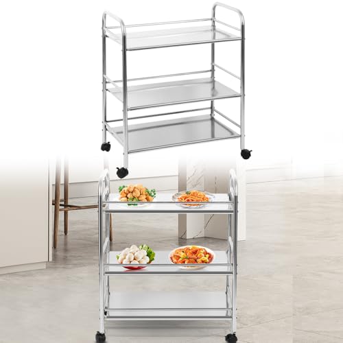 Willonin Edelstahl Servierwagen mit 3 Böden Partition Küchenwagen，Restaurant Hotel Schul Servierwagen- Leichtlaufräder mit Bremse - Küchenwagen (60×36×74cm) von Willonin