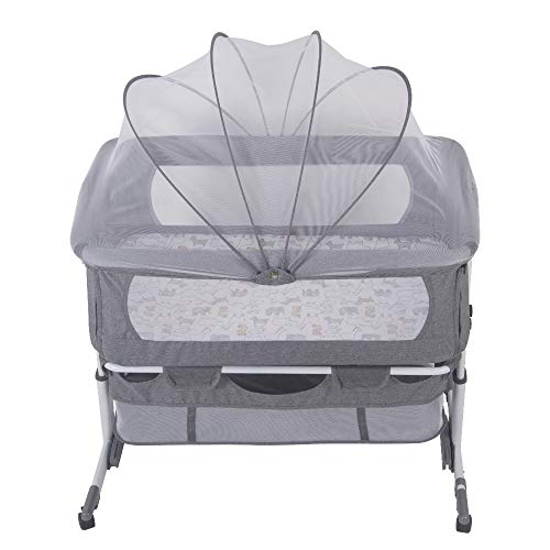 Willonin Kinderbett, Beistellbett mit Matratze, klappbare Seite, verstellbare Höhe, Netzfenster, Räder, multifunktional (92 x 58 x 70-87 cm, grau), MZ0306-02 von Willonin