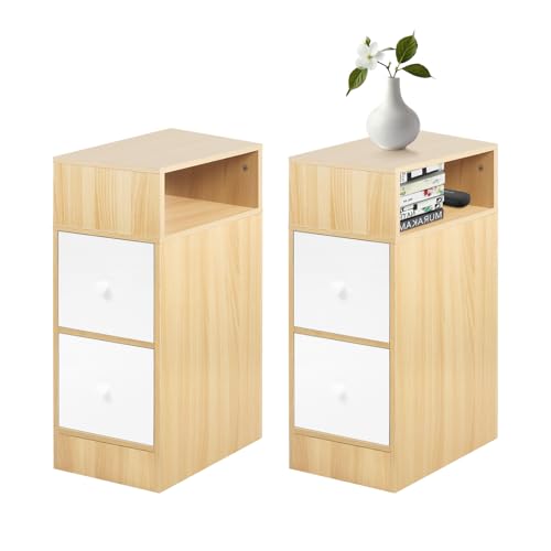 Willonin Nachttisch, schmal, Beistelltisch, 2 Schubladen und offenes Fach, Montage links oder rechts, Schlafzimmer, Wohnzimmer, 25 x 30 x 66 cm, Rohholz + Warmweiß Willonin Nachttisch, schmal, Beistelltisch, 2 Schubladen und offenes Fach, Montage links oder rechts, Schlafzimmer, Wohnzimmer, 25 x 30 x 66 cm, Rohholz + Warmweiß von Willonin