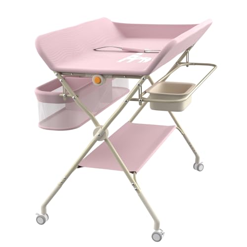 Willonin Wickeltisch, faltbar, 0 – 36 Monate, mobiler Wickeltisch, Wickeltisch mit seitlichem Korb und Hängestange, Höhenverstellung mit 5 Geschwindigkeitsstufen – Rosa von Willonin