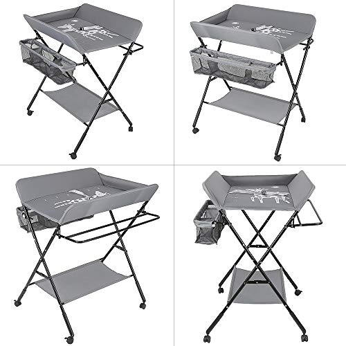 Willonin Wickeltisch, faltbar und höhenverstellbar, für Babys, mit Rollen, Aufbewahrungskorb, Metallrahmen, Oxford-Stoff, 80 x 66 x 98 cm – Grau von Willonin