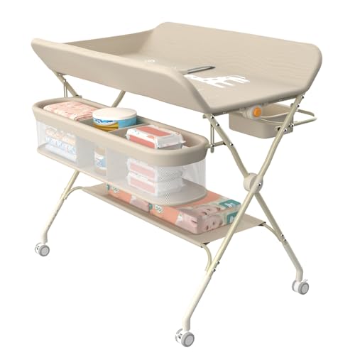 Willonin Wickeltisch Mobile – Wickelkommode, faltbar, mit Aufbewahrungskorb, Wickeltisch für Neugeborene und Kleinkinder, 5 verstellbare Höhen, Höhe 62 – 90 cm, Milchweiß von Willonin