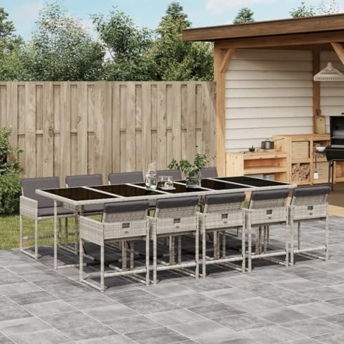 Willood 11 TLG. Garten Essgruppe mit Kissen Hellgrau Poly Rattan Glas von Willood