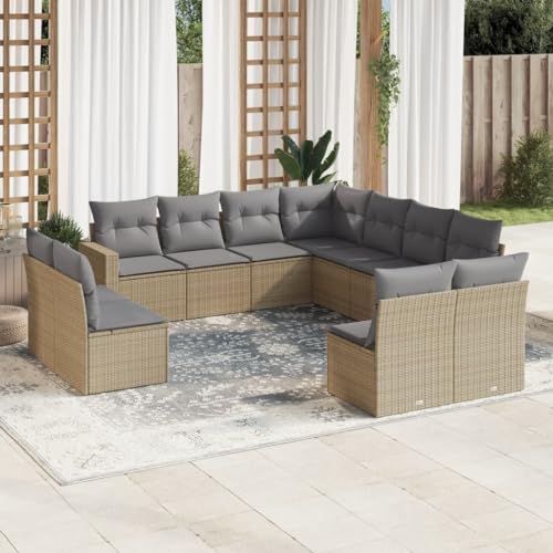 Willood 11-TLG. Garten Sofagarnitur mit Kissen Gartenmöbel Lounge Set Outdoor Loungemöbel Sitzgruppe Essgruppe Garnitu Beige und Hellgrau Poly Rattan von Willood