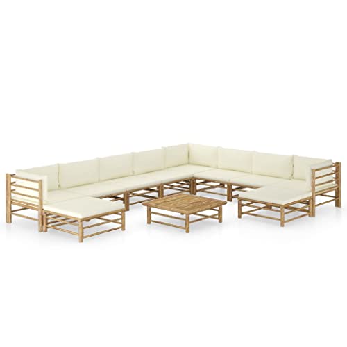 Willood 11-TLG. Gartenmöbel mit Cremeweißen Kissen Bambus Garnitur Sitzgruppe Sofa Gartensofa Gartenset Sitzgarnitur Lounge Mittelsofa Ecksofa Fußhocker 3X Eckteil+5X Mittelteil+2X Fußstütze+Tisch von Willood