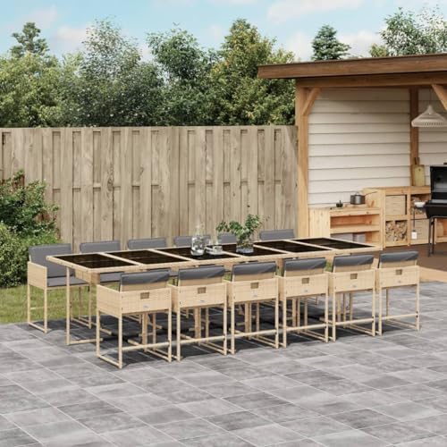Willood 13 TLG. Garten Essgruppe mit Kissen Beigemischung Poly Rattan Glas von Willood