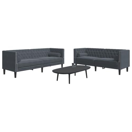 Willood 2-TLG. Chesterfield-Sofa-Set mit Nackenrollen Sofagarnitur mit Kissen, Sitzgruppe für Wohnzimmer, Polstersofa Couch Sessel Dunkelgrau Samt von Willood