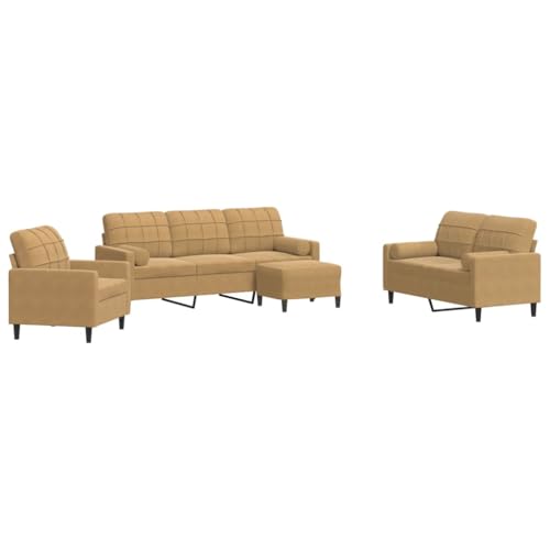 Willood 3 Sitzer + 2 Sitzer Sofa + Sessel + Hocker Sofagarnitur mit Kissen und Nackenrollen Braun Samt von Willood