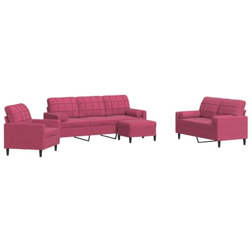 Willood 3 Sitzer + 2 Sitzer Sofa + Sessel + Hocker Sofagarnitur mit Kissen und Nackenrollen Weinrot Samt von Willood