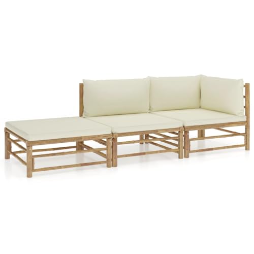 Willood 3-TLG. Garten-Lounge-Set mit Cremeweißen Kissen Bambus Gartenmöbel Garten Garnitur Sitzgruppe Sofa Eckteil + Mittelteil + Fußstütze von Willood