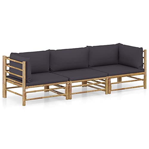 Willood 3-TLG. Gartenmöbel mit Dunkelgrauen Kissen Bambus Garten Garnitur Sitzgruppe Sofa Gartensofa Gartenset Sitzgarnitur Lounge Mittelsofa Ecksofa Fußhocker 2X Eckteil+Mittelteil von Willood