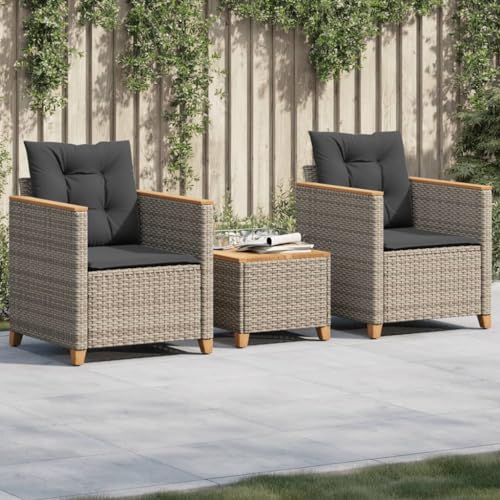 Willood 3tlg. Rattan Balkonset Balkonmöbel Set 2 Sessel mit Hocker Gartenlounge Gartengarnitur Gartenmöbel Set Bistro Set mit Kissen Grau und Braun Poly Rattan Akazienholz von Willood