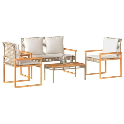 Willood 4-TLG. Gartenmöbel mit Kissen, Sitzgruppe Gartenbank Gartenstuhl Tisch, Gartengarnitur Gartenset mit Kissen Beige Poly Rattan von Willood