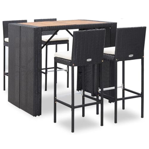 Willood 5-TLG. Garten-Bar-Set Poly Rattan und Akazienholz Schwarz Leicht zu reinigen, schönes Design, langlebig, leichte Konstruktion, Sitzkissen Komfort, abnehmbar und einfach zu montieren von Willood