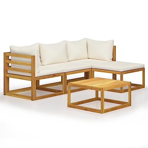 Willood 5-TLG. Gartenmöbel Garten-Lounge-Set mit Auflagen Massivholz Akazie Möbel Sitzgarnitur Gartengarnitur Sitzgruppe Gartenset Gartensofa Cremeweiß von Willood