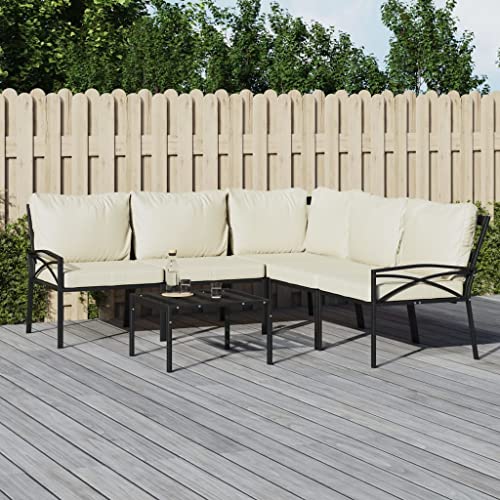 Willood 6-TLG. Garten Lounge Set mit Sandfarbigen Kissen Stahl, Sessel, Hocker Beistelltisch mit Sitzkissen für Garten, Balkon und Terrasse von Willood