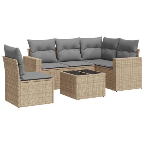 Willood 6-TLG. Garten-Sofagarnitur mit Kissen Beige Poly Rattan Möbelsets Gartenmöbel Beige+Hellgrau Rattan-Sofa-Set für die Terrasse von Willood