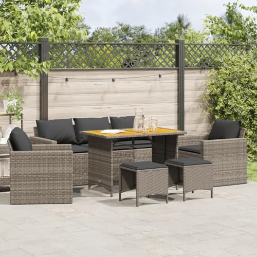 Willood 6 TLG. Rattanmöbel Gartenbank Rattan Garten Sitzgruppe Gartenlounge Gartenmöbel Set Sofagarnitur mit Kissen Grau Holz Tisch von Willood