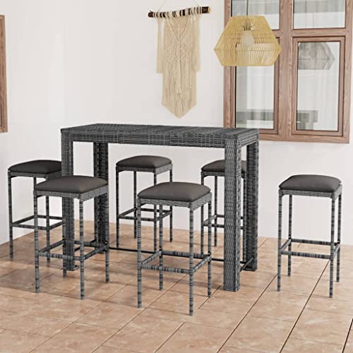 Willood 7 TLG Gartenbar Set mit Kissen Poly Rattan Grau Stahlrahmen solide und robust und stabil Bequemlichkeit leicht zu bewegen Fußstütze sorgt für Komfort Kissenbezug ist abnehmbar waschbar von Willood