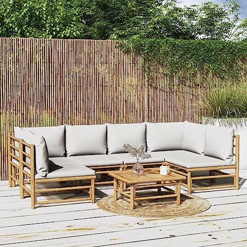 Willood 7-TLG. Garten-Lounge-Set mit Hellgrauen Kissen Bambus 2xcorner+4xchair+Table von Willood