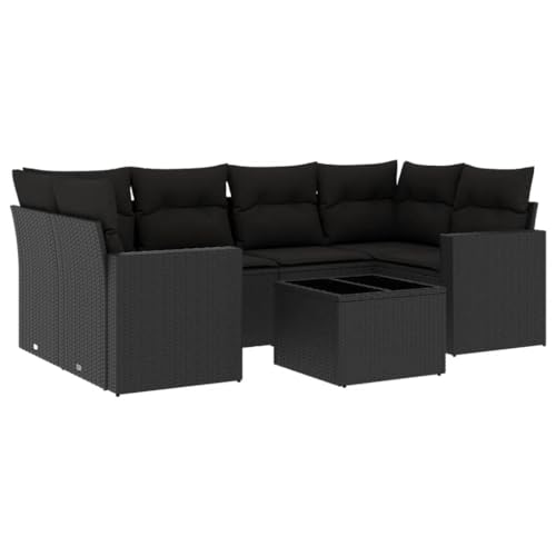 Willood 7-TLG. Garten Rattan Sofa-Set mit Kissen Schwarz Poly RattanSchwarz+Schwarz von Willood