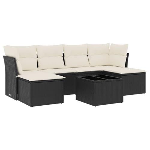 Willood 7-TLG. Garten-Sofagarnitur mit Kissen Poly Rattan Gartenmöbel Lounge Sofa Garnitur Terrasse Ohne Tisch Schwarz und Creme von Willood