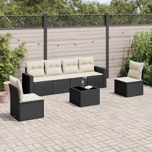 Willood 7tlg.Garten Rattan Sofa-Set mit Kissen Schwarz Poly RattanSchwarz+Cremeweiß von Willood