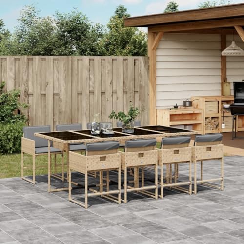Willood 9 TLG. Garten Essgruppe mit Kissen Beigemischung Poly Rattan Glas von Willood