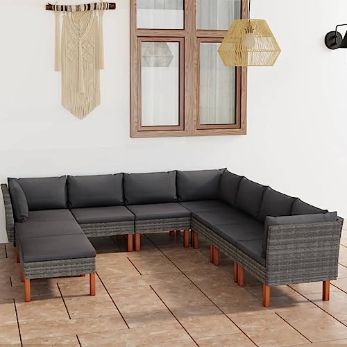 Willood 9-TLG. Garten-Lounge-Set mit Kissen Poly Rattan Grau 3xEckteil+4xMittelteil+2xFußstütze von Willood
