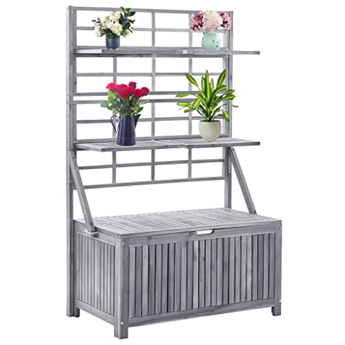 Willood Aufbewahrungstruhe mit Rankgitter Aufbewahrungsbox mit Spalier Kissenbox Auflagenbox Blumenregal Gartenbox Gartentruhe Pflanzenregal 99x55x160cm Massivholz Akazie Grau von Willood