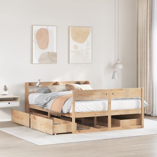Willood Bettgestell mit Schubladen 140 x 190 cm Freistehende Kopfteil Natur Ohne Matratze von Willood