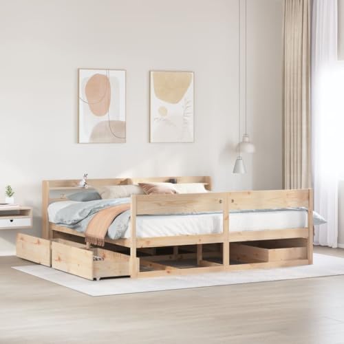 Willood Bettgestell mit Schubladen 180 x 200 cm Freistehende Kopfteil Natur Ohne Matratze von Willood