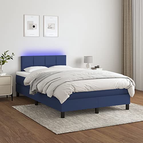 Willood Boxspringbett mit Matratze Bett Kopfteil LED, Einzelbett Bettgestell mit Lattenrost, Polsterbett Bettrahmen Blau 120x200 cm Stoff Block mit Quadraten von Willood