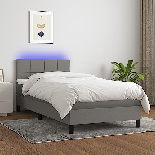 Willood Boxspringbett mit Matratze Bett Kopfteil LED, Einzelbett Bettgestell mit Lattenrost, Polsterbett Bettrahmen Dunkelgrau 100x200 cm Stoff Block mit Quadraten von Willood