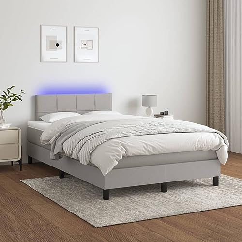 Willood Boxspringbett mit Matratze Bett Kopfteil LED, Einzelbett Bettgestell mit Lattenrost, Polsterbett Bettrahmen Hellgrau 120x200 cm Stoff Block mit Quadraten von Willood