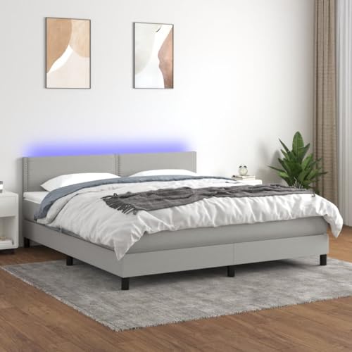 Willood Boxspringbett mit Matratze Bett Kopfteil LED, Einzelbett Bettgestell mit Lattenrost, Polsterbett Bettrahmen Hellgrau 160x200 cm Stoff Flach mit Nägeln von Willood