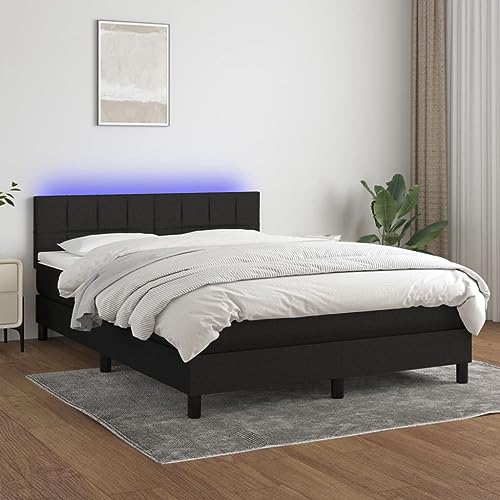 Willood Boxspringbett mit Matratze Bett Kopfteil LED, Einzelbett Bettgestell mit Lattenrost, Polsterbett Bettrahmen Schwarz 140x200 cm Stoff Block mit Quadraten von Willood