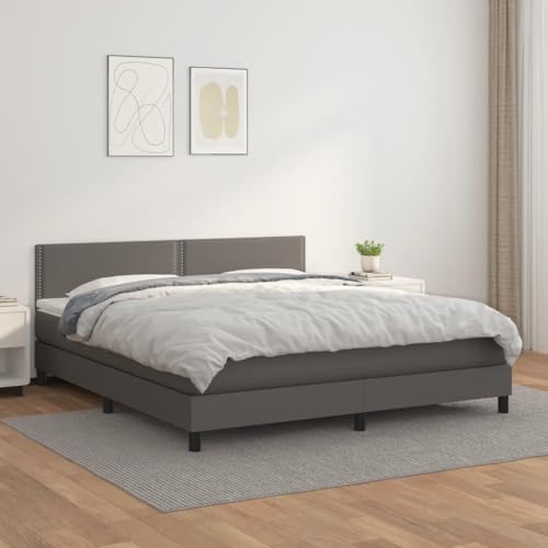Willood Boxspringbett mit Matratze Grau 180x200 cm Kunstleder Kunstlederbett Polsterbett Bettgestell Bett Hotelbett Schlafzimmerbett Bettrahmen LattenrostFlach mit Nägeln von Willood