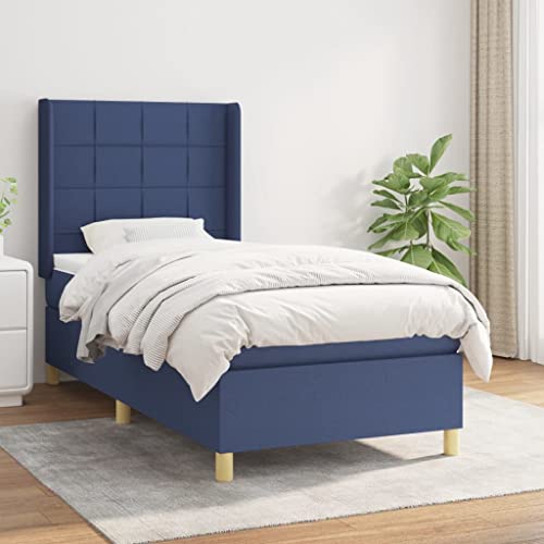Willood Boxspringbett mit Matratze Polsterbett mit Lattenrost Kopfteil mit Ohren Verstellbare Höhe Blau 90 x 200 cm-Block mit Quadraten von Willood
