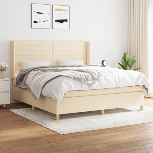 Willood Boxspringbett mit Matratze Polsterbett mit Lattenrost Kopfteil mit Ohren Verstellbare Höhe Creme 180 x 200 cm-Horizontale Streifen von Willood