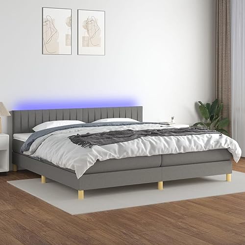 Willood Boxspringbett mit Matratze mit LED Bettgestell Bett Einzelbett Polsterbett Hotelbett Bettrahmen Lattenrost Schlafzimmerbett Dunkelgrau 200x200cm Stoff Vertikale Streifen von Willood