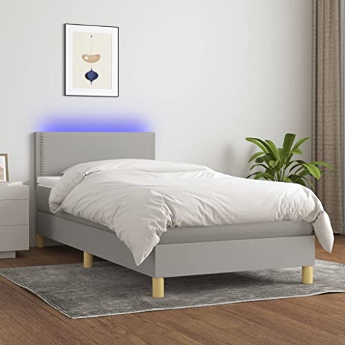 Willood Boxspringbett mit Matratze mit LED Bettgestell Bett Einzelbett Polsterbett Hotelbett Bettrahmen Lattenrost Schlafzimmerbett Hellgrau 90x190cm Stoff Flach mit Nägeln von Willood