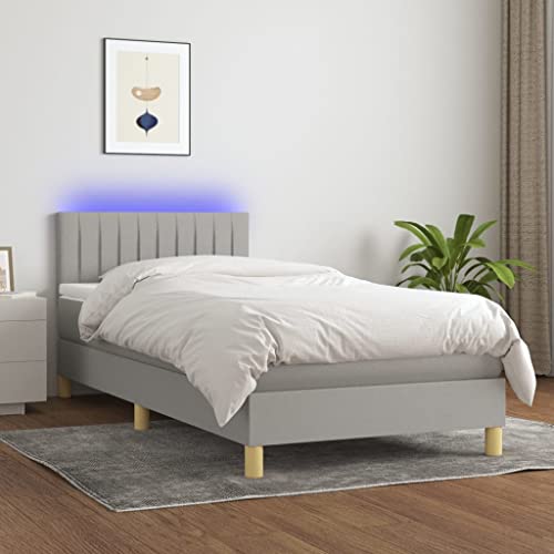 Willood Boxspringbett mit Matratze mit LED Bettgestell Bett Einzelbett Polsterbett Hotelbett Bettrahmen Lattenrost Schlafzimmerbett Hellgrau 90x190cm Stoff Vertikale Streifen von Willood