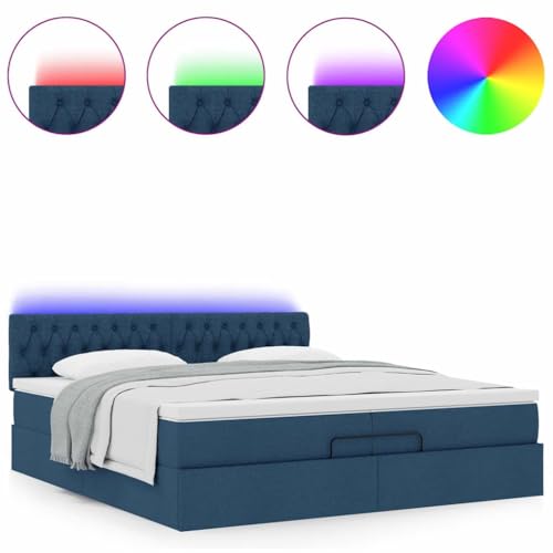 Willood Boxspringbett mit Matratzen & LEDs Blau 200x200 cm Stoff Knopfheftung Design von Willood